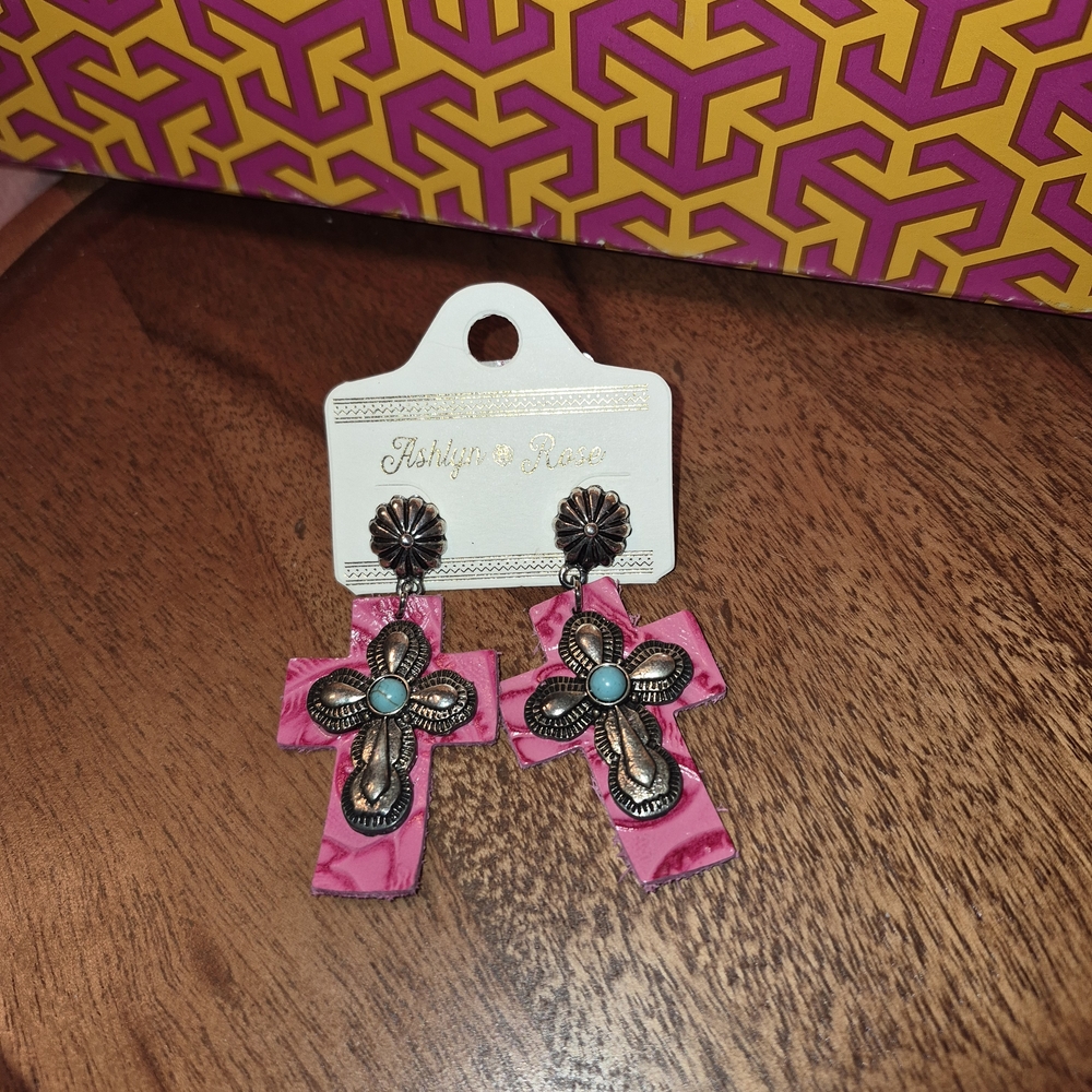 Ashlyn Rose Pink Cross Leather Turquoise Earrings